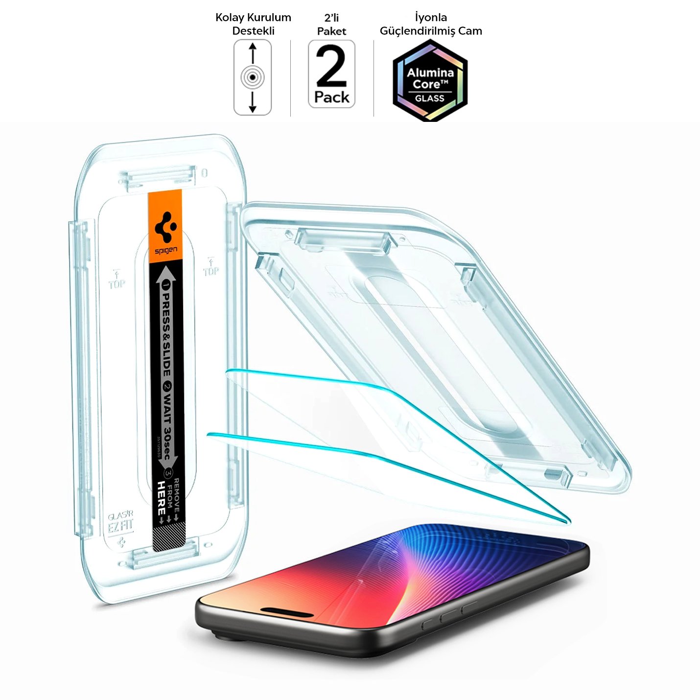 Spigen iPhone 17 Pro / 17 / 16 Pro Cam Ekran Koruyucu AluminaCore™ iyonlaştırılmış Güçlendirilmiş Cam Teknolojisi Kolay Kurulum GLAS.tR EZ Fit Slim HD (2 Adet) - AGL07928
