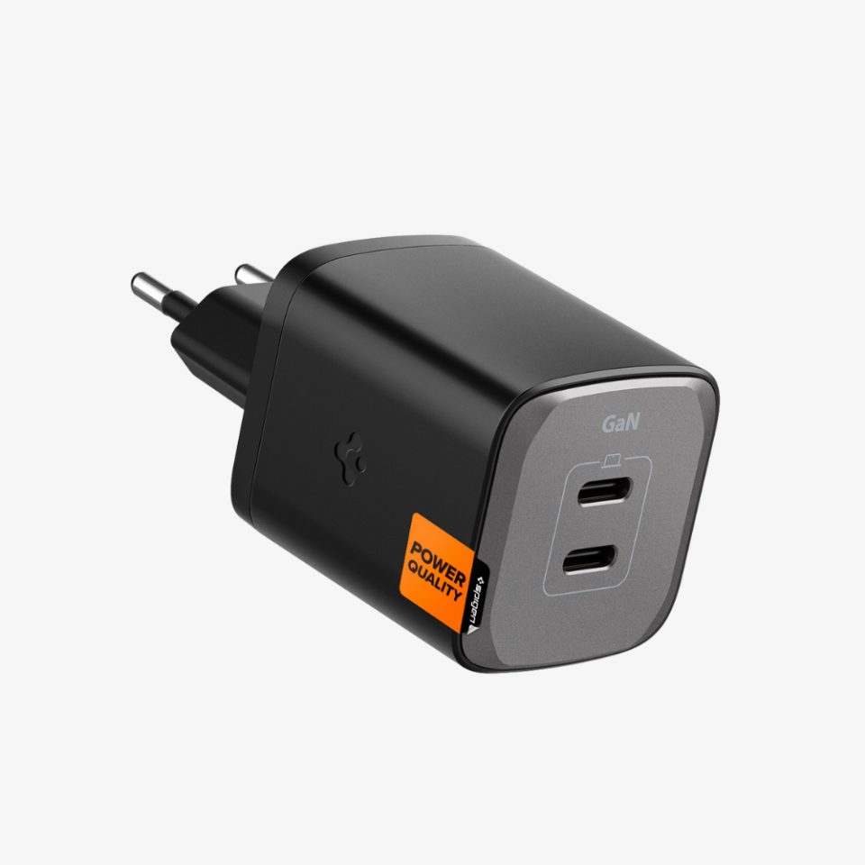 Spigen 65W USB-C 2 Port Mini Hızlı Şarj Aleti Samsung PPS 2.0 / Isı Düşürücü GaN III Akım Korumalı PD 3.0 Protokol Güç Adaptörü iPhone & Android & iPad & MacBook Type-C PE2204 Black