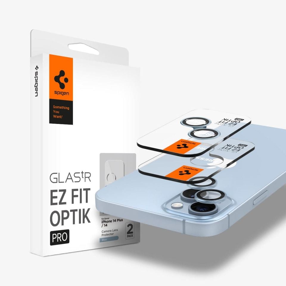 iPhone 14 Plus / iPhone 14 Kamera Lens Cam Ekran Koruyucu, Spigen Glas.tR EZ Fit Optik Pro (2 Adet) Blue