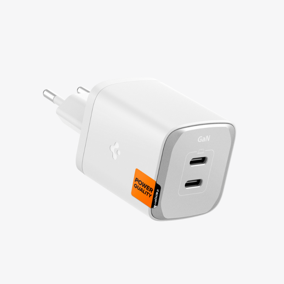 Spigen 65W USB-C 2 Port Mini Hızlı Şarj Aleti Samsung PPS 2.0 / Isı Düşürücü GaN III Akım Korumalı PD 3.0 Protokol Güç Adaptörü iPhone & Android & iPad & MacBook Type-C PE2204 White