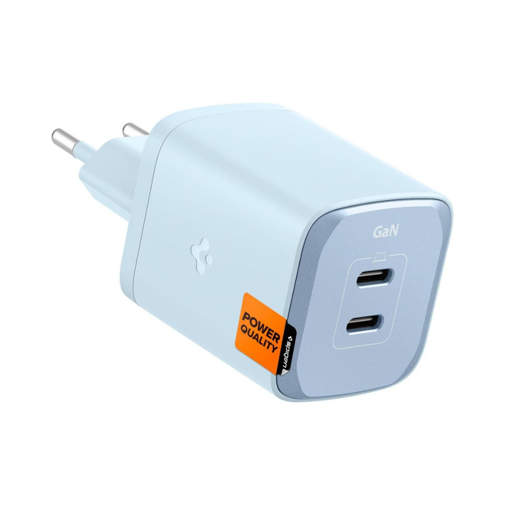 Spigen 65W USB-C 2 Port Mini Hızlı Şarj Aleti Samsung PPS 2.0 / Isı Düşürücü GaN Destekli Akım Korumalı Güç Adaptörü iPhone & Android & iPad & MacBook Type-C PE2204 Blue