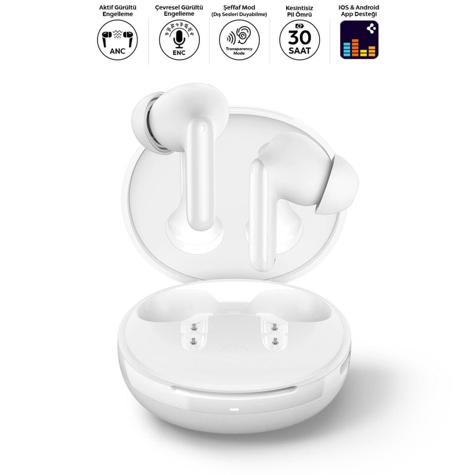 Spigen Audio TWS S10 Bluetooth Kablosuz Kulaklık - ANC Aktif Gürültü Engelleme + ENC 6 Mikrofon - 10mm Sürücü - 30 Saat Pil - iOS & Android EQ App Şeffaf & Gaming Mod iPX4 White