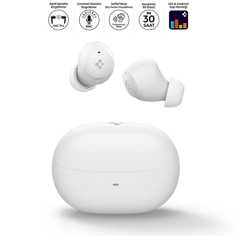 Spigen Audio TWS P10 Bluetooth Kablosuz Kulaklık - ANC Pro Aktif Gürültü Engelleme + ENC 6 Mikrofon - 10mm Sürücü - 30 Saat Pil - iOS & Android EQ App Şeffaf & Gaming Mod iPX4 White