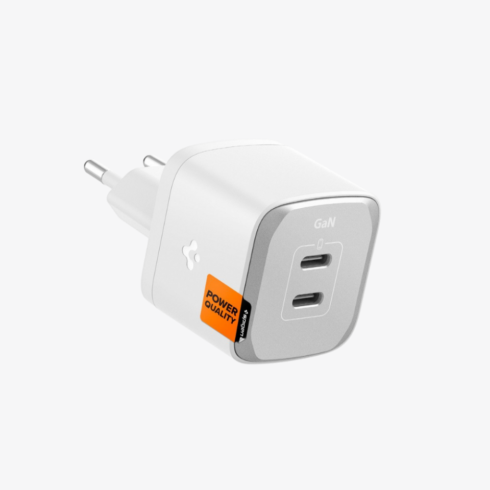 Spigen 35W USB-C 2 Port Mini Hızlı Şarj Aleti Samsung PPS / Isı Düşürücü GaN III Akım Korumalı PD 3.0 Protokol Güç Adaptörü iPhone & Android & iPad & MacBook Type-C PE2202 White