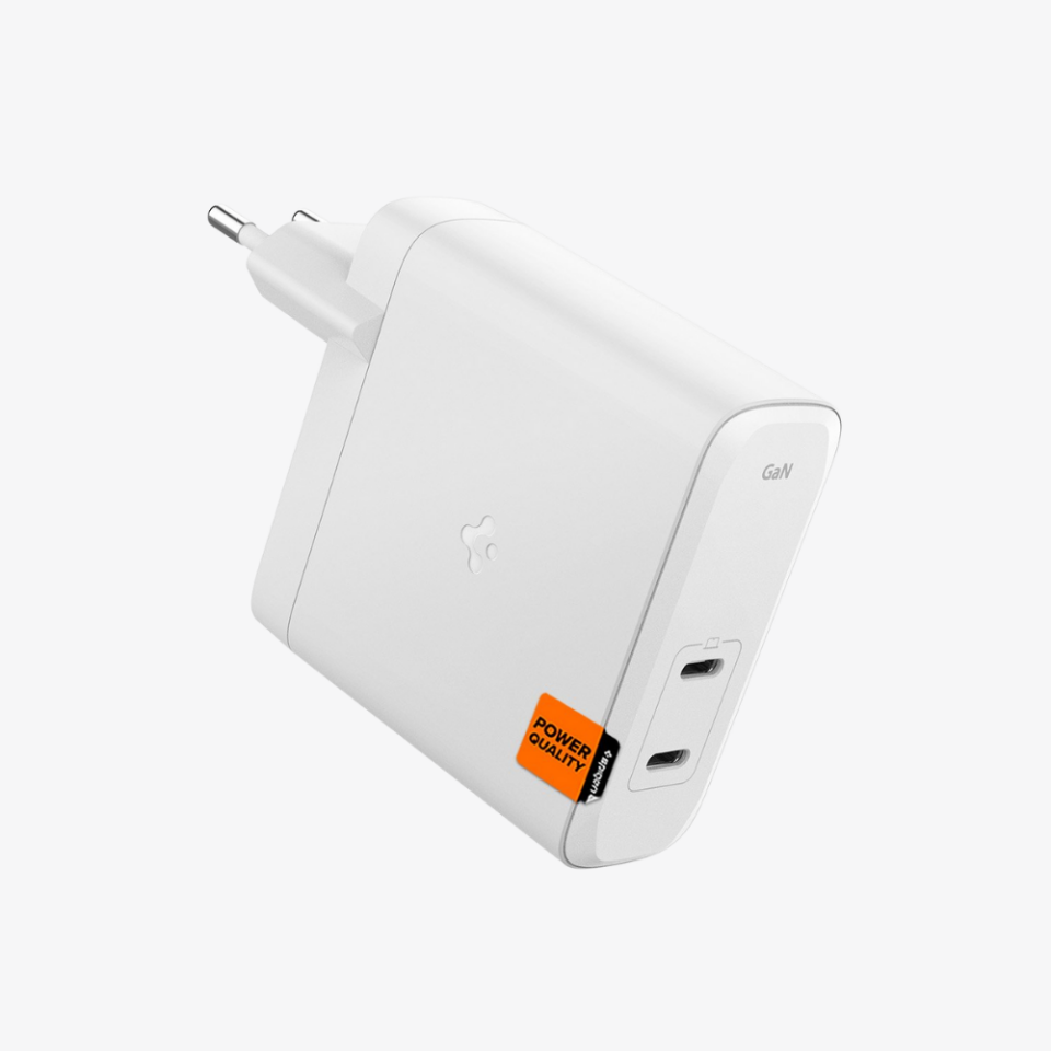 Spigen 140W USB-C 2 Port Mini Hızlı Şarj Aleti Samsung PPS 2.0 / Isı Düşürücü GaN Akım Korumalı PD 3.0 Protokol Güç Adaptörü iPhone & Android & iPad & MacBook Type-C PE2109 White