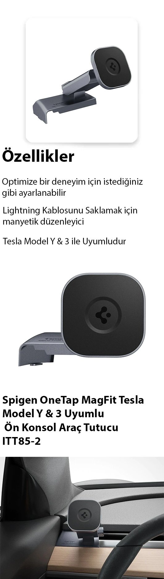 Spigen MagFit Tesla Model Y & 3 Uyumlu Ön Konsol Araç Tutucu