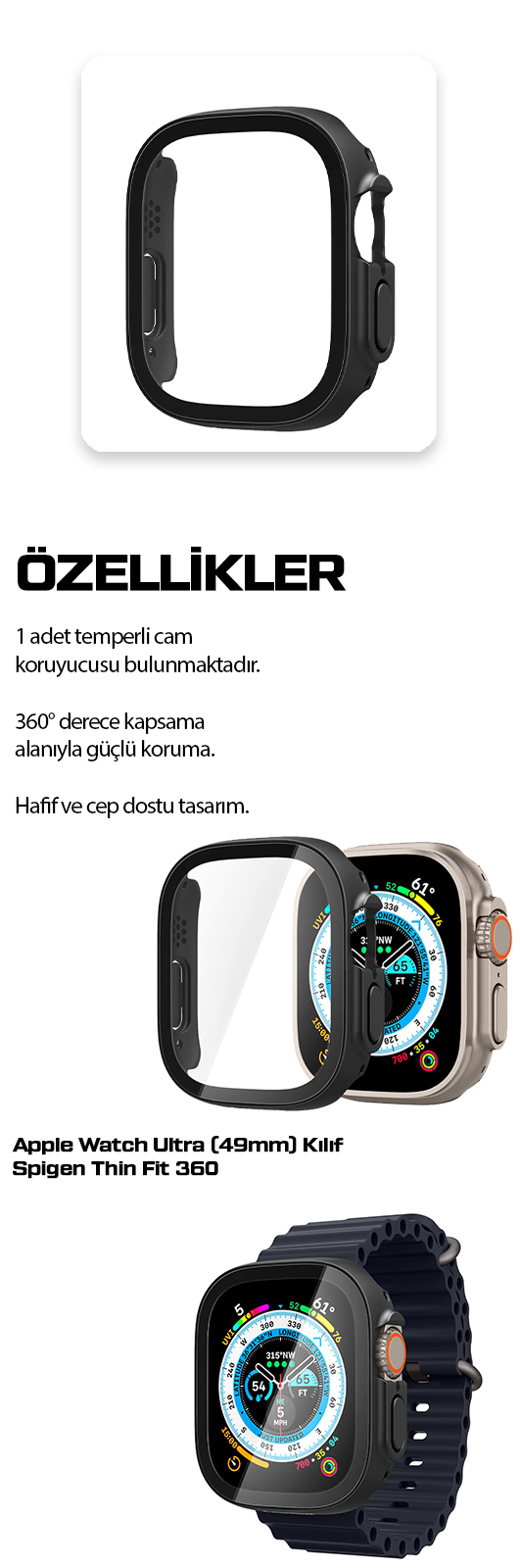 Apple Watch Ultra (49mm) ile Uyumlu Kılıf, Spigen Thin Fit 360 + Cam