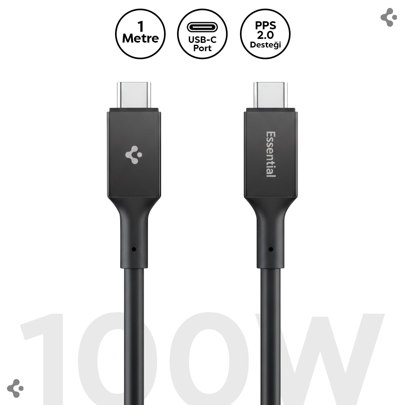 Spigen USB-C to USB-C 1 Metre Kablo 100W Güç / PPS 2.0 Desteği Super Hızlı Şarj / 5 Gbps (E-Marker Çip) Data Aktarım Hızı / PD USB 3.2 Type-C Ekstra Dayanıklı MFI Lisanslı