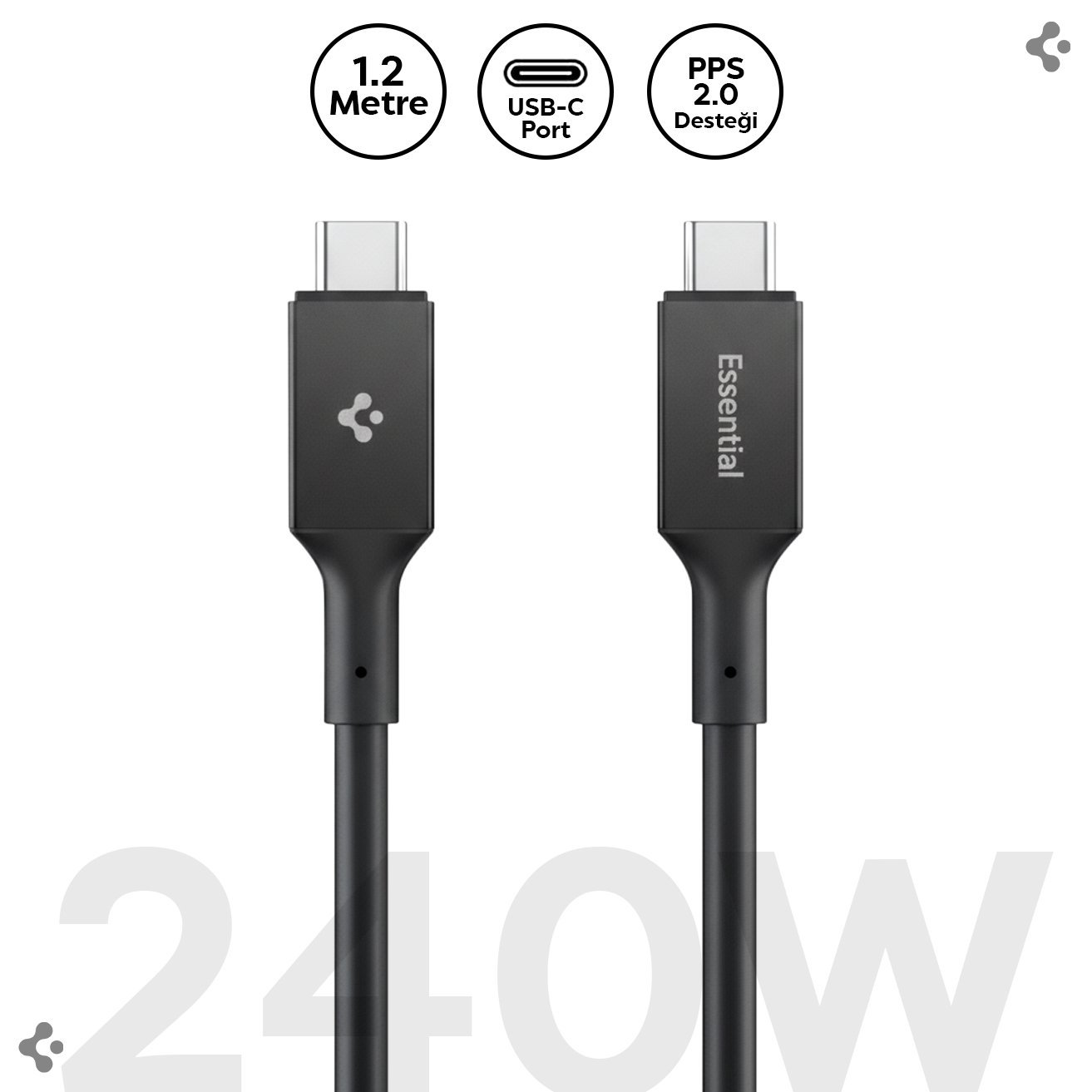 Spigen USB-C to USB-C 1.2 Metre Kablo 240W Güç / PPS 2.0 Desteği Super Hızlı Şarj / 40Gbps (E-Marker Çip) Data Aktarım Hızı / 8K Görüntü Aktarım / PD USB4 Gen3 Type-C Ekstra Dayanıklı