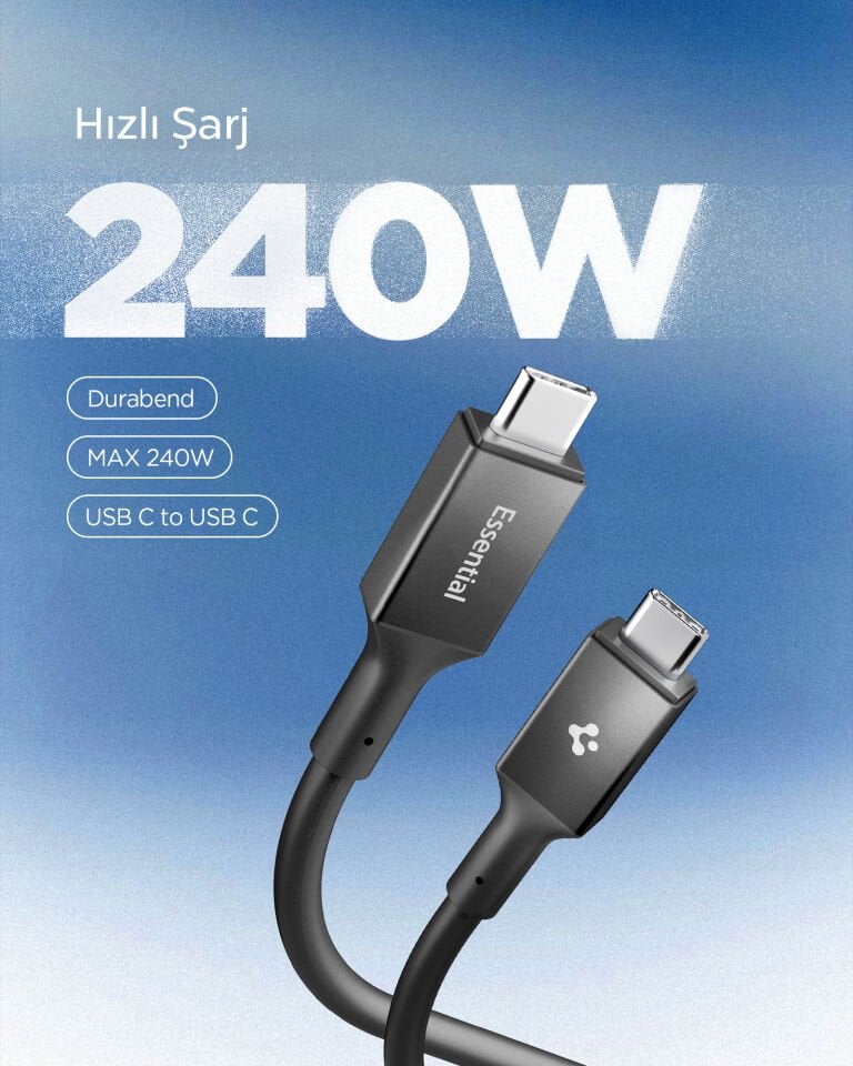 Spigen USB-C to USB-C 1.2 Metre Kablo 240W Güç / PPS 2.0 Desteği Super Hızlı Şarj / 40Gbps (E-Marker Çip) Data Aktarım Hızı / 8K Görüntü Aktarım / PD USB4 Gen3 Type-C Ekstra Dayanıklı