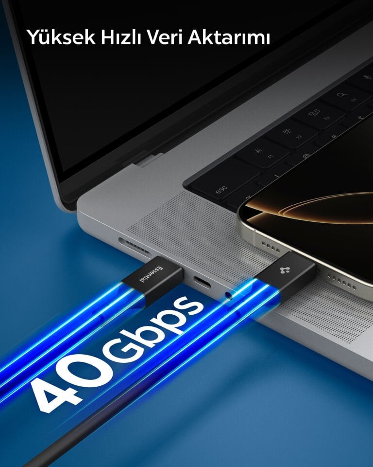 Spigen USB-C to USB-C 1.2 Metre Kablo 240W Güç / PPS 2.0 Desteği Super Hızlı Şarj / 40Gbps (E-Marker Çip) Data Aktarım Hızı / 8K Görüntü Aktarım / PD USB4 Gen3 Type-C Ekstra Dayanıklı