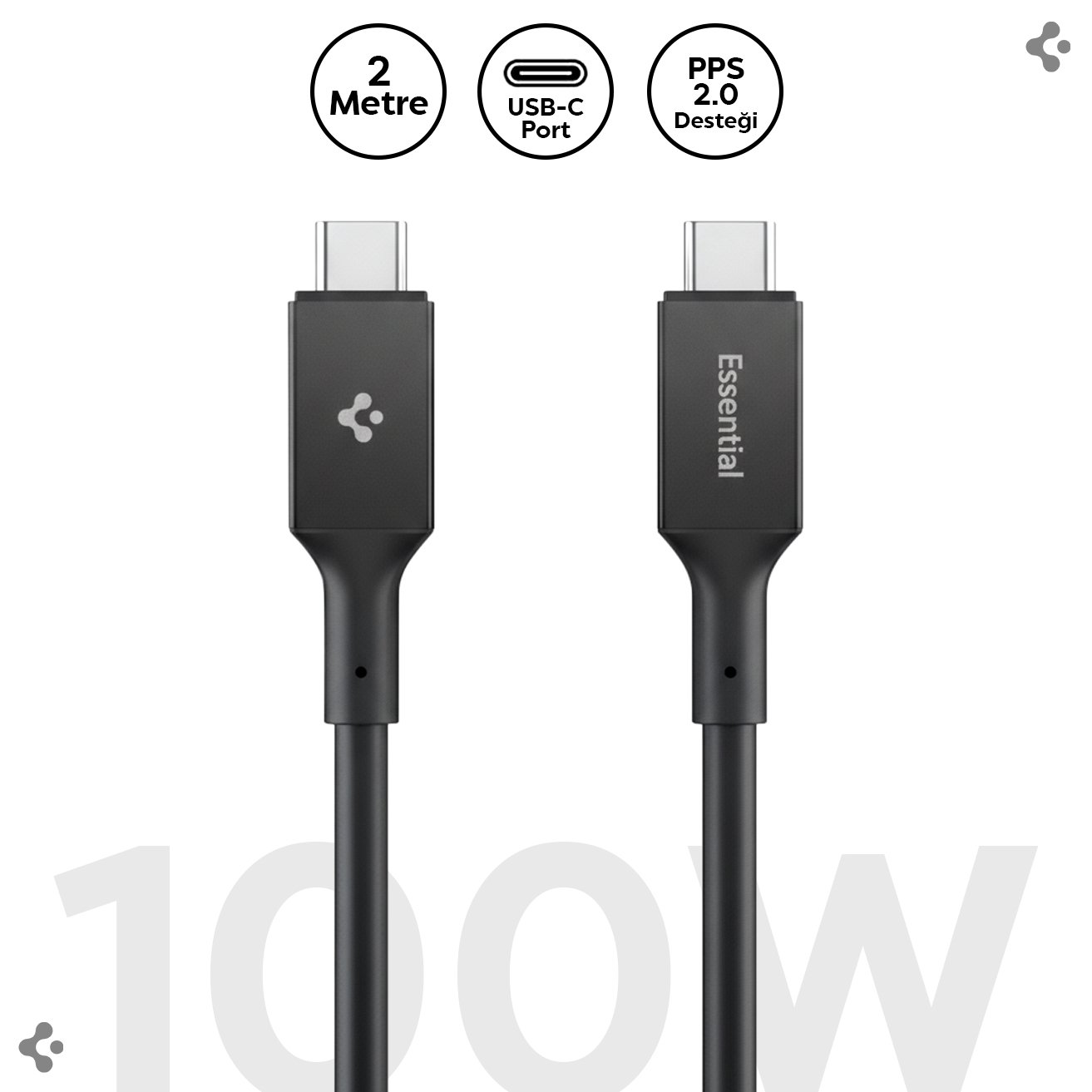 Spigen USB-C to USB-C 2 Metre Kablo 100W Güç / PPS 2.0 Desteği Super Hızlı Şarj / 5 Gbps (E-Marker Çip) Data Aktarım Hızı / PD USB 3.2 Type-C Ekstra Dayanıklı MFI Lisanslı