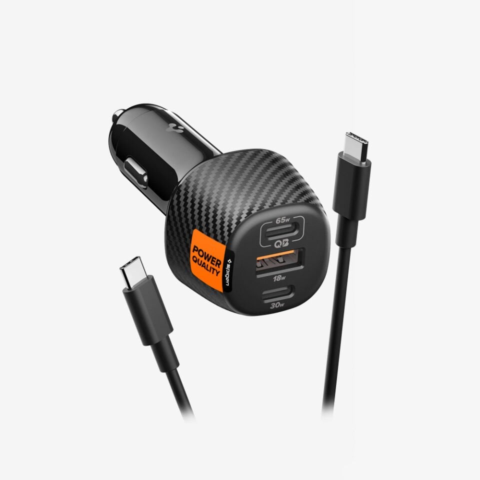 Spigen 113W USB-C + USB-A 3 Port Araç içi Hızlı Şarj Aleti / PPS 2.0 Desteği Akım Korumalı Güç Adaptörü Çakmaklık iPhone & Android & iPad & MacBook EV1133 Black