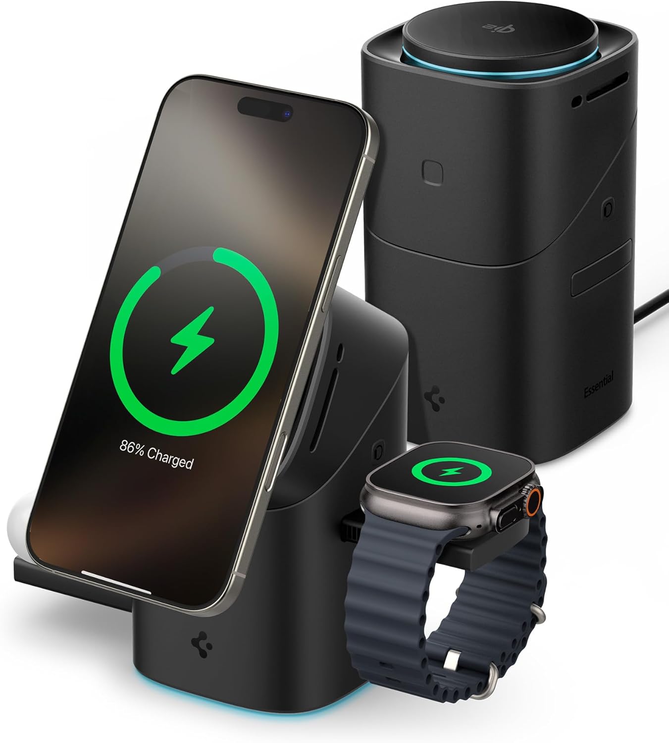 Spigen 3in1 Kablosuz Şarj Cihazı / iPhone & Apple Watch & AirPods ile Uyumlu / Qi2 Sertifikalı Hızlı Kablosuz Şarj Destekli / 30W Çıkış Gücü / Soğutmalı Stand / Ayarlanabilir Dock Black