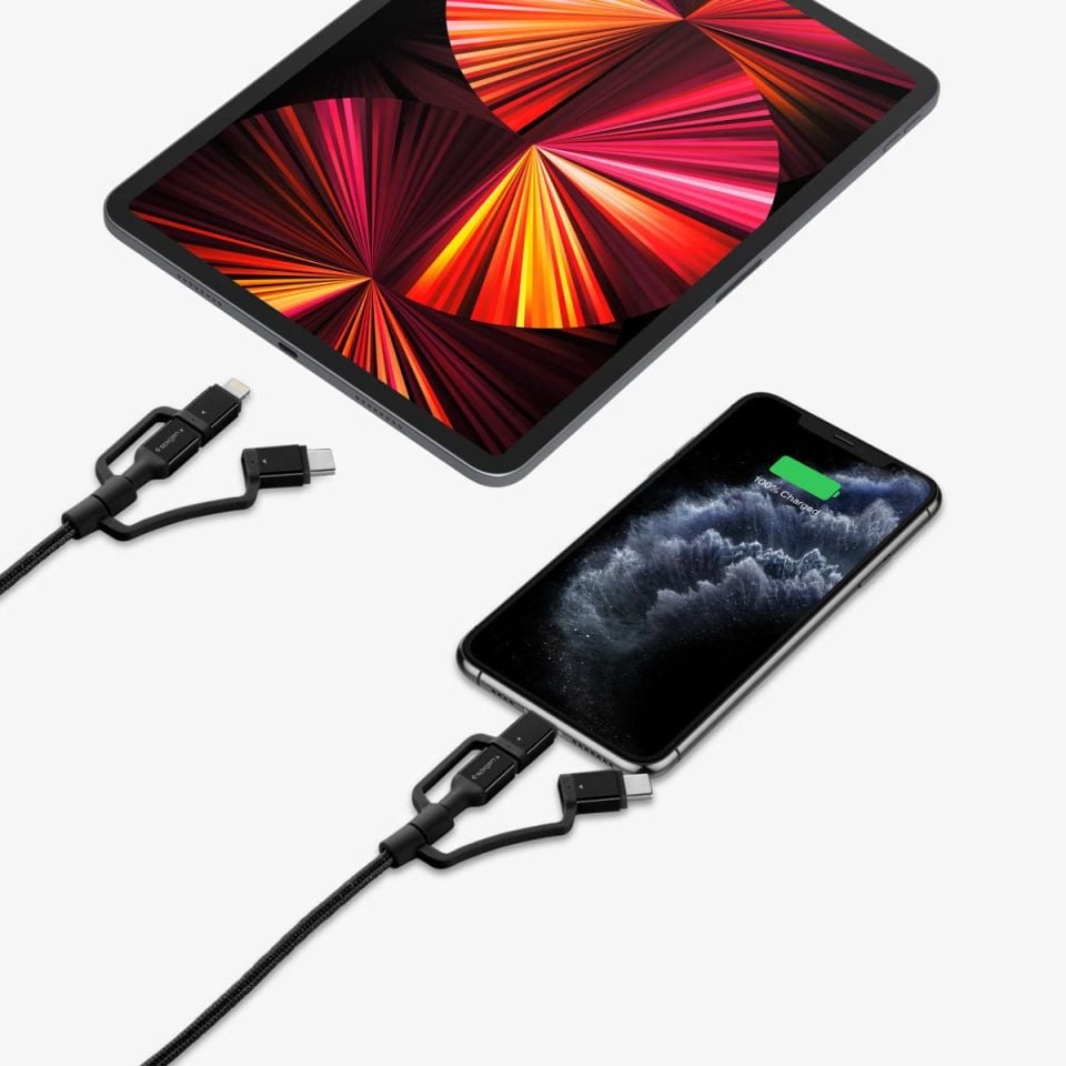Spigen Essential C10i3 3in1 Lightning + Type-C + Micro USB to USB 2.0 Şarj / Data Dayanıklı Naylon Örgü Kablo (1.5m) Black