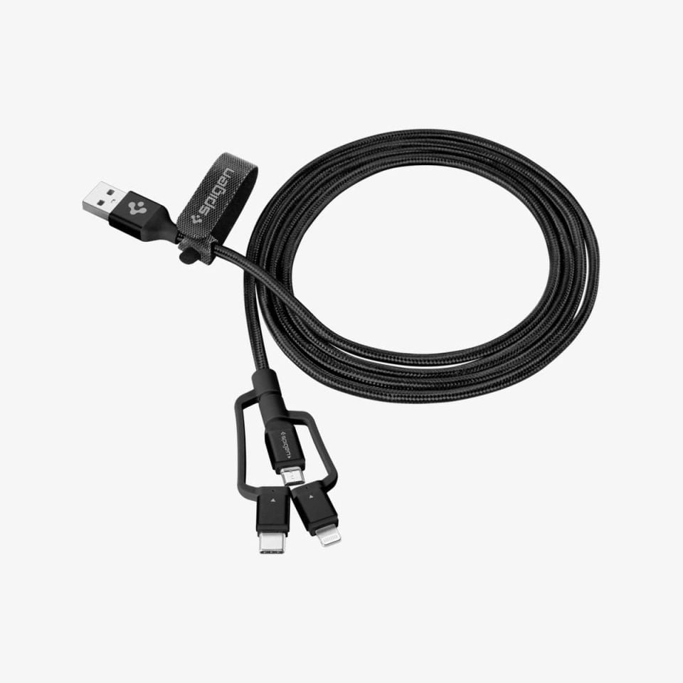 Spigen Essential C10i3 3in1 Lightning + Type-C + Micro USB to USB 2.0 Şarj / Data Dayanıklı Naylon Örgü Kablo (1.5m) Black