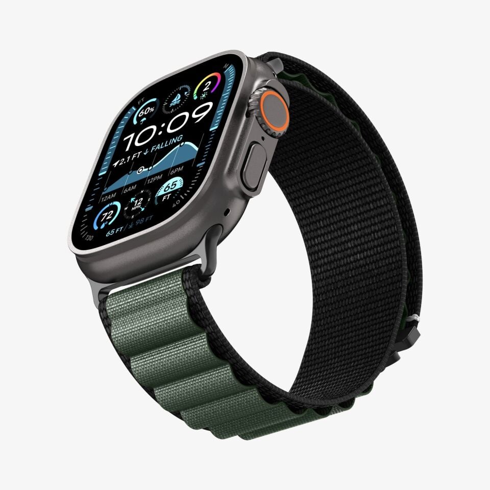 Spigen Apple Watch Ultra 49mm Seri 3/2/1 - 46mm Seri 11/10 - 45mm Seri SE3/9/8/7 - 44mm Seri SE2/SE/6/5/4 ile Uyumlu Kordon Kayış Black Green