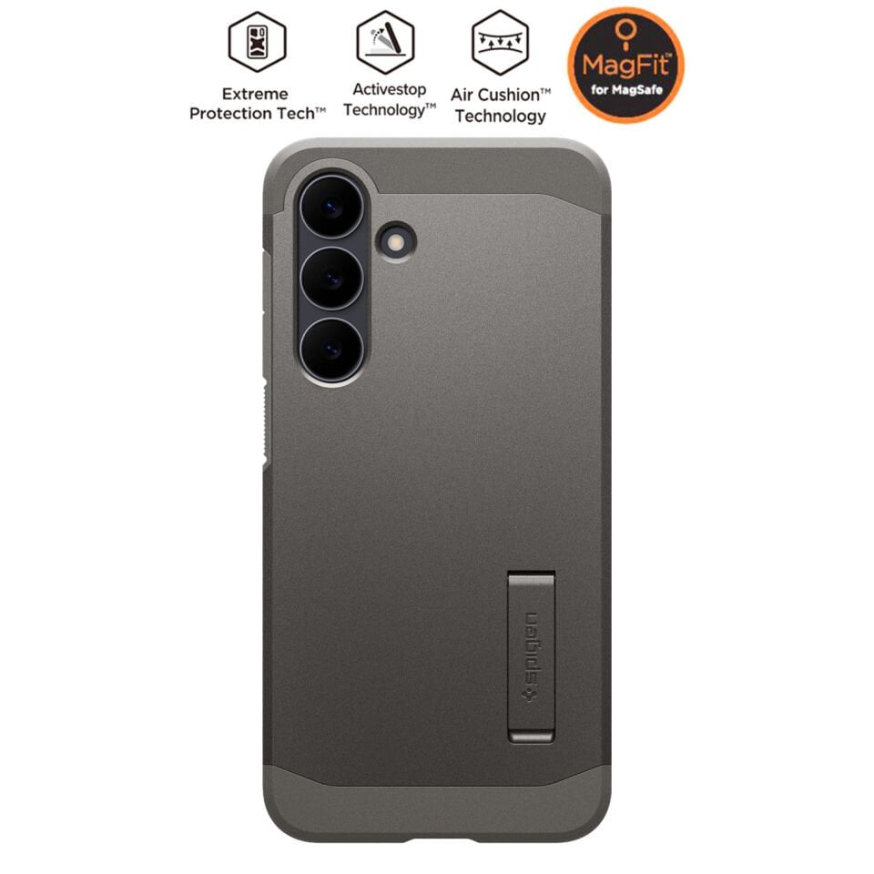 Spigen Samsung Galaxy S25 FE ile Uyumlu Ekstra Dayanıklı Kılıf Tough Armor Hava Kanalı Teknolojisi™ Askeri Sınıf Koruma MagFit KickStand'lı Çift Katman Kapak