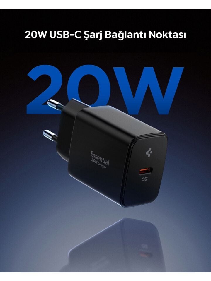 Spigen 20W USB-C Mini Hızlı Şarj Aleti/Şarj Isısını Düşürür GaN Destekli Akım Korumalı Güç Adaptörü iPhone & Android & iPad Type-C EE201 Black - ACH09217