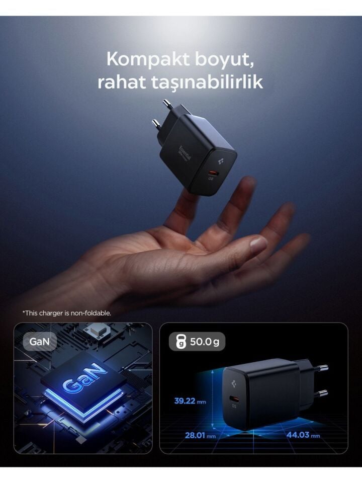 Spigen 20W USB-C Mini Hızlı Şarj Aleti/Şarj Isısını Düşürür GaN Destekli Akım Korumalı Güç Adaptörü iPhone & Android & iPad Type-C EE201 Black - ACH09217