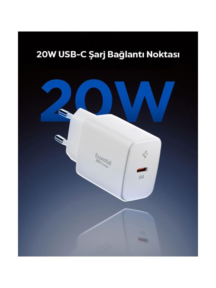 Spigen 20W USB-C Mini Hızlı Şarj Aleti/Şarj Isısını Düşürür GaN Destekli Akım Korumalı Güç Adaptörü iPhone & Android & iPad Type-C EE201 White - ACH08701