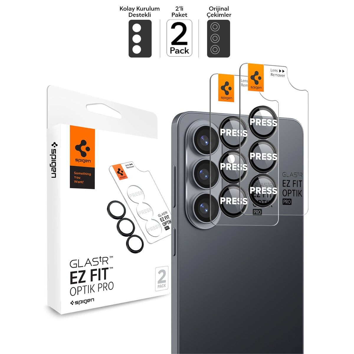 Spigen Samsung Galaxy S26 ile Uyumlu Kamera Lens Camı Koruyucu Kolay Kurulum GLAS.tR EZ Fit Optik Pro (2 Adet) Black - AGL11094