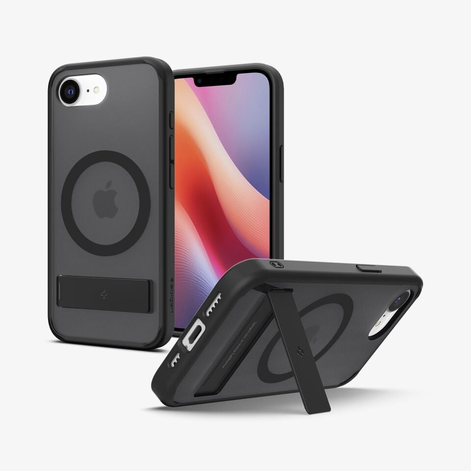 Spigen Apple iPhone 17e / 16e ile Uyumlu ince MagSafe Kılıf Ultra Hybrid S Metal Stand'lı Sararmaya Dayanıklı DuraClear™ Hava Kanalı Teknolojisi™ Askeri Sınıf Koruma Mat Kapak Frost Black