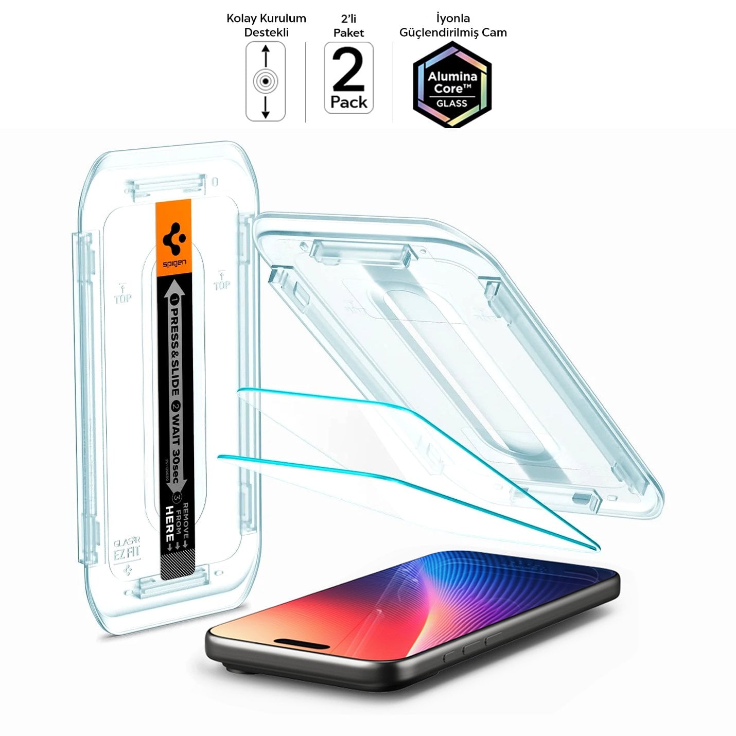 Spigen iPhone 17 Pro / 17 / 16 Pro Cam Ekran Koruyucu AluminaCore™ iyonlaştırılmış Güçlendirilmiş Cam Teknolojisi Kolay Kurulum GLAS.tR EZ Fit Slim HD (2 Adet) - AGL07928