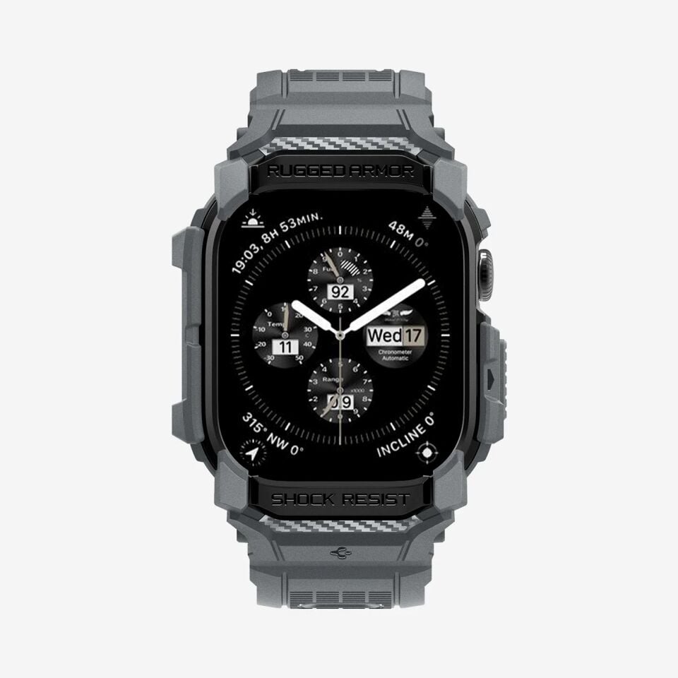 Spigen Apple Watch 46mm Seri 10 Kılıf & Kordon Kayış Rugged Armor Pro Dark Gray