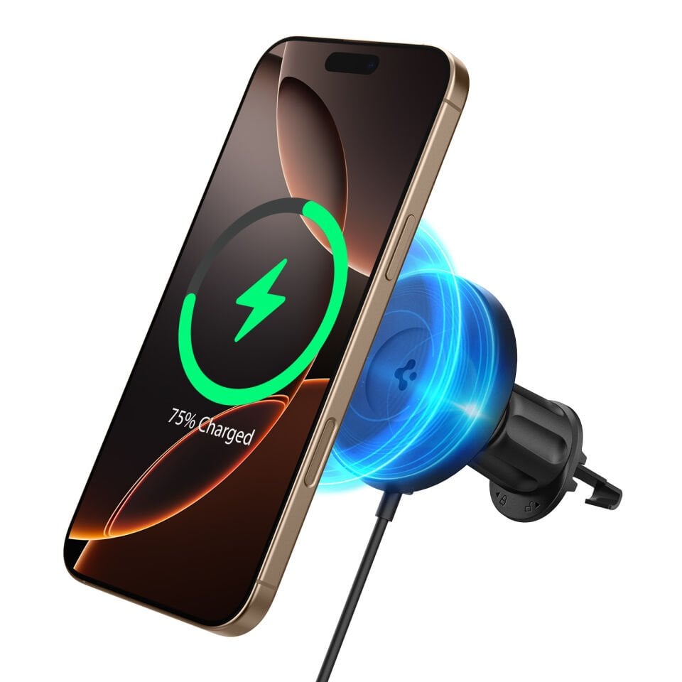Spigen MagFit Air Vent Araç içi Telefon Tutucu + Manyetik Kablosuz Şarj Cihazı iPhone için MagSafe özellikli OneTap Pro4 Black