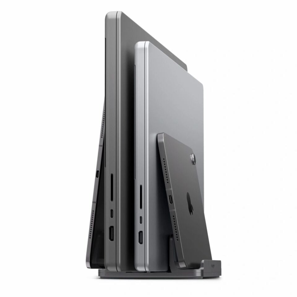 Spigen Universal Dikey Tablet / Telefon / Notebook Standı 4 Cihaz Kapasiteli Ayarlanabilir Organizer Düzenleyici Stand LD208S4 Space Gray