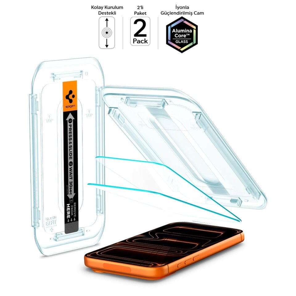 Spigen iPhone 17 Pro Max / 16 Pro Max Cam Ekran Koruyucu AluminaCore™ iyonlaştırılmış Güçlendirilmiş Cam Teknolojisi Kolay Kurulum GLAS.tR EZ Fit Slim HD (2 Adet) - AGL07907