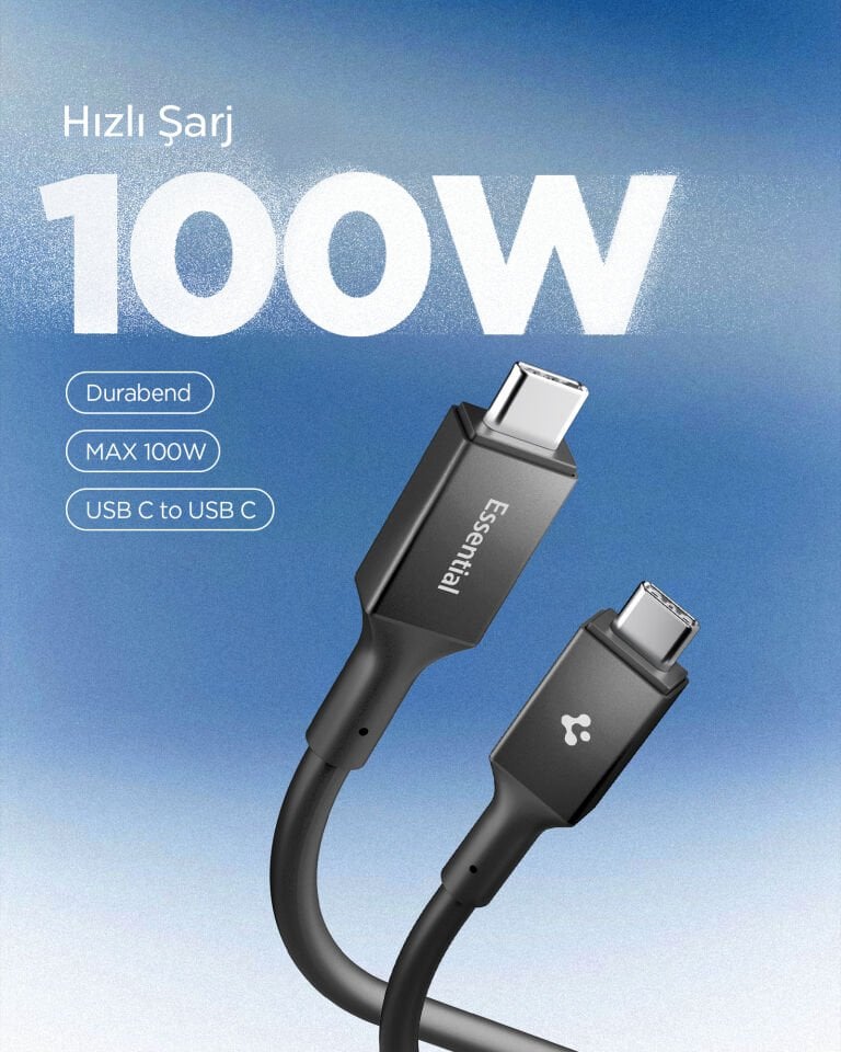 Spigen USB-C to USB-C 1 Metre Kablo 100W Güç / PPS 2.0 Desteği Super Hızlı Şarj / 5 Gbps (E-Marker Çip) Data Aktarım Hızı / PD USB 3.2 Type-C Ekstra Dayanıklı MFI Lisanslı Black