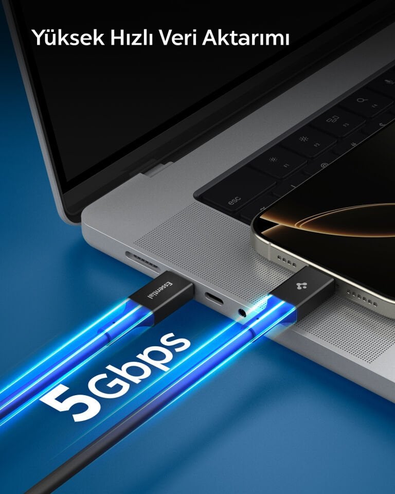 Spigen USB-C to USB-C 1 Metre Kablo 100W Güç / PPS 2.0 Desteği Super Hızlı Şarj / 5 Gbps (E-Marker Çip) Data Aktarım Hızı / PD USB 3.2 Type-C Ekstra Dayanıklı MFI Lisanslı Black