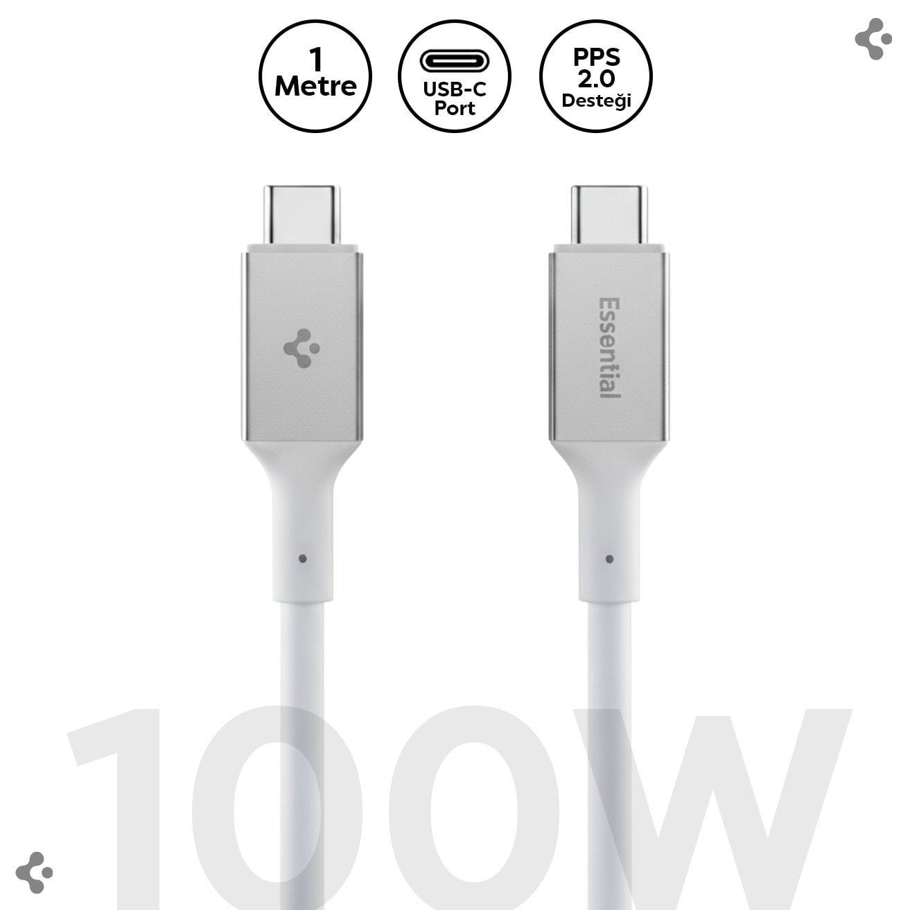 Spigen USB-C to USB-C 1 Metre Kablo 100W Güç / PPS 2.0 Desteği Super Hızlı Şarj / 5 Gbps (E-Marker Çip) Data Aktarım Hızı / PD USB 3.2 Type-C Ekstra Dayanıklı MFI Lisanslı White