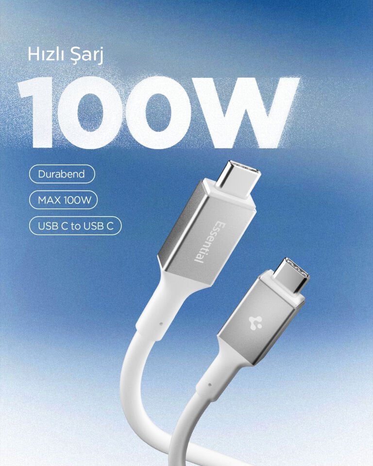 Spigen USB-C to USB-C 1 Metre Kablo 100W Güç / PPS 2.0 Desteği Super Hızlı Şarj / 5 Gbps (E-Marker Çip) Data Aktarım Hızı / PD USB 3.2 Type-C Ekstra Dayanıklı MFI Lisanslı White