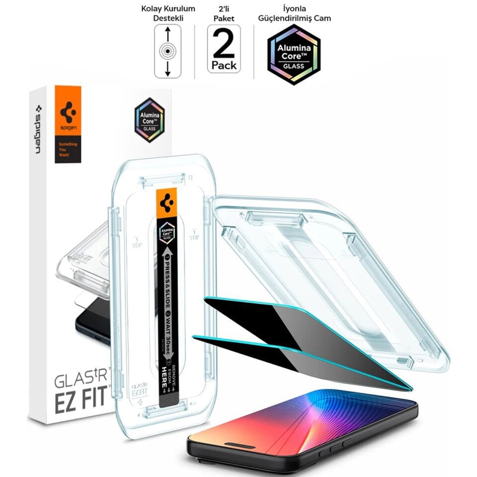 Spigen iPhone 17 Pro Max / 16 Pro Max Cam Hayalet Cam Ekran Koruyucu AluminaCore™ iyonlaştırılmış Güçlendirilmiş Cam Teknolojisi Kolay Kurulum GLAS.tR EZ Fit Privacy HD (2 Adet) - AGL07908