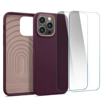 Spigen Caseology iPhone 14 Pro Kılıf Nano Pop 360 + Cam Ekran Koruyucu (2 Adet) Burgundy Bean