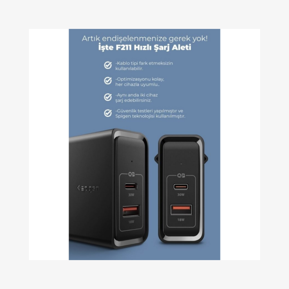 Spigen 48W USB-C 2 Port Güç Adaptörü - Hızlı Şarj Aleti iPhone & Android & iPad & MacBook Type-C PD 3.0 30W + QC 3.0 18W