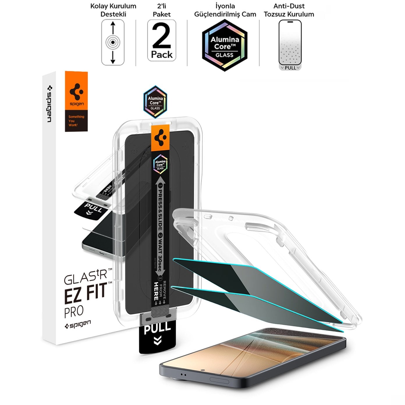 Spigen Samsung Galaxy S26 Plus ile Uyumlu Hayalet Cam Ekran Koruyucu AluminaCore™ iyonlaştırılmış Güçlendirilmiş Cam Teknolojisi Anti-Dust Kolay Kurulum GLAS.tR EZ Fit Pro Privacy (2 Adet) - AGL11081