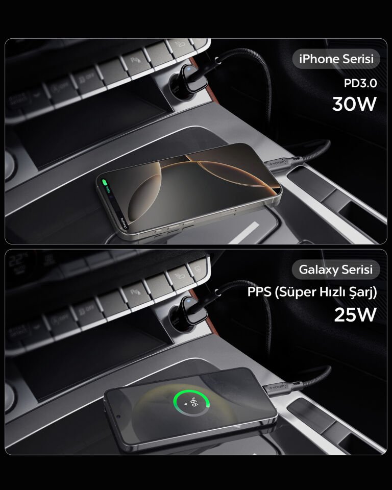 Spigen 30W USB-C Araç içi Hızlı Şarj Aleti Samsung PPS Destekli Akım Korumalı Güç Adaptörü iPhone & Android & iPad Type-C PD 3.0 EV301