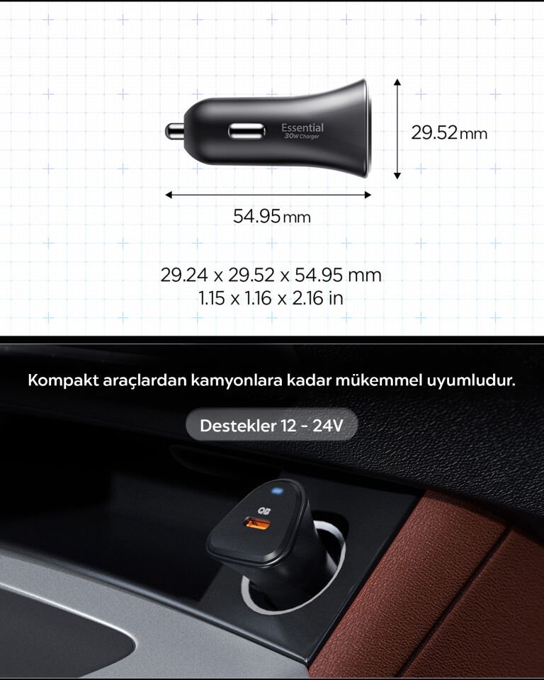 Spigen 30W USB-C Araç içi Hızlı Şarj Aleti Samsung PPS Destekli Akım Korumalı Güç Adaptörü iPhone & Android & iPad Type-C PD 3.0 EV301