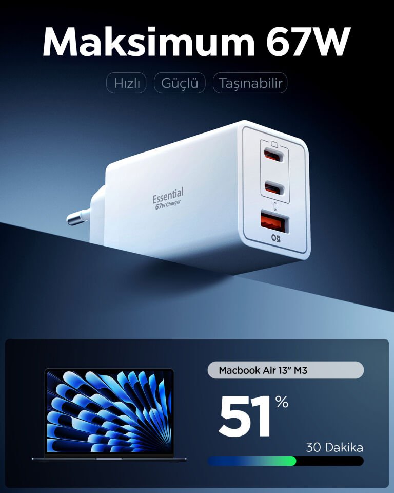 Spigen 67W USB-C + USB-A 3 Port Hızlı Şarj Aleti Samsung PPS 2.0 Isı Düşüren GaN Destekli Akım Korumalı Güç Adaptörü iPhone & Android & iPad & MacBook Type-C