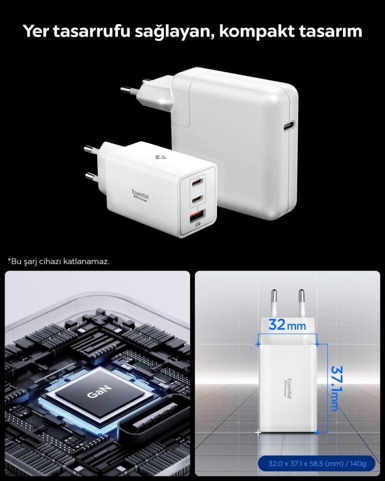 Spigen 67W USB-C + USB-A 3 Port Hızlı Şarj Aleti Samsung PPS 2.0 Isı Düşüren GaN Destekli Akım Korumalı Güç Adaptörü iPhone & Android & iPad & MacBook Type-C