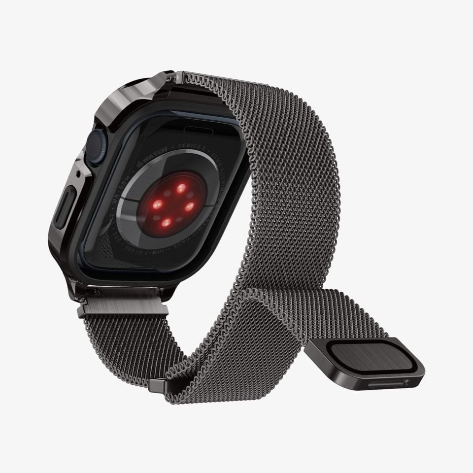 Spigen Apple Watch 45mm (Seri 9/8/7) Kılıf & Kordon Kayış Metal Fit Pro Graphite