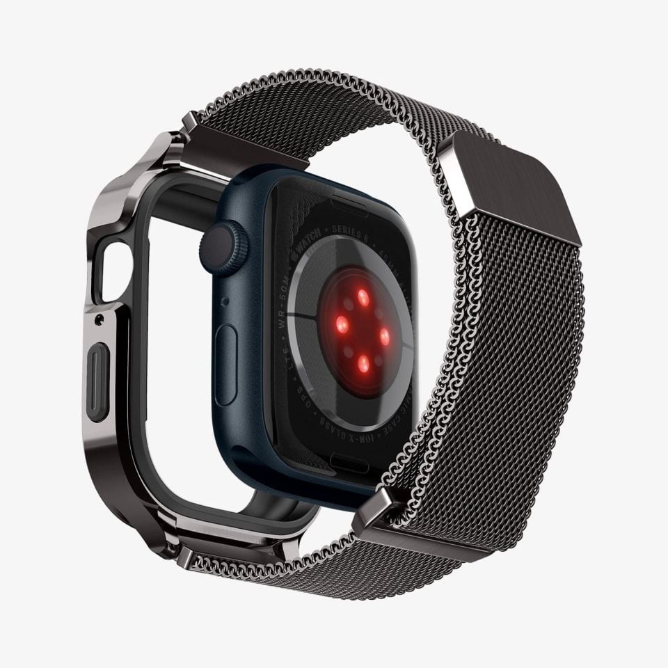 Spigen Apple Watch 45mm (Seri 9/8/7) Kılıf & Kordon Kayış Metal Fit Pro Graphite