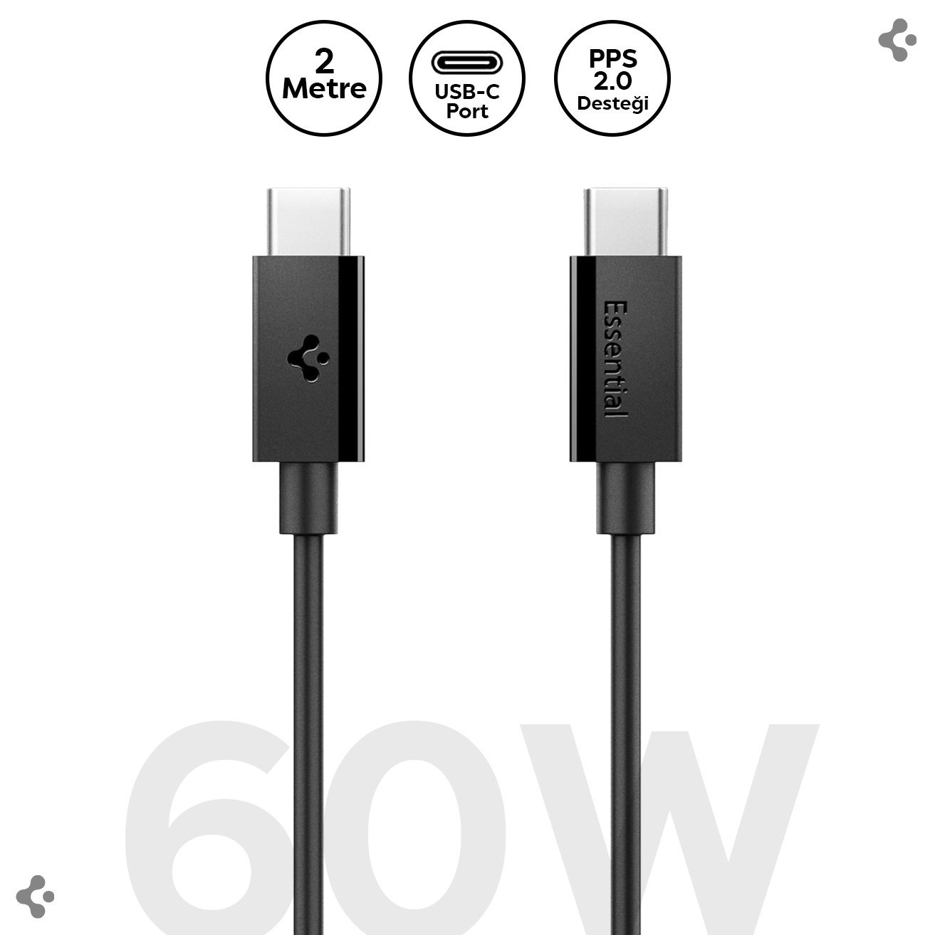 Spigen USB-C to USB-C 2 Metre Kablo 60W Güç / PPS 2.0 Super Hızlı Şarj / 480 Mbps Data Aktarım Hızı Type-C Ekstra Dayanıklı