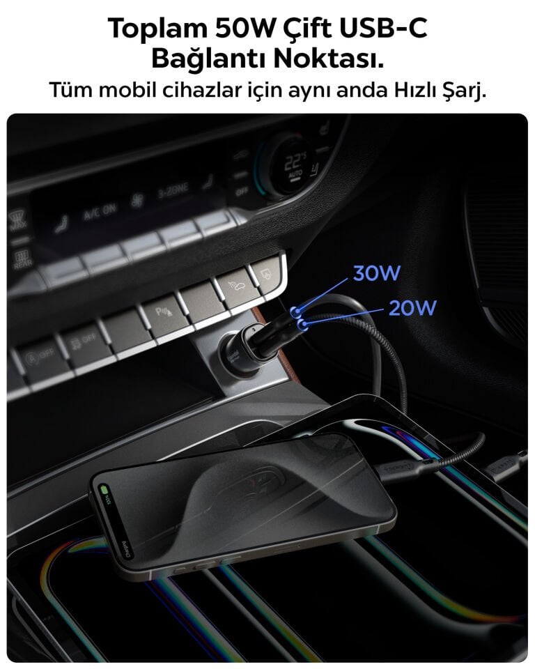 Spigen 50W USB-C 2 Port Araç içi Hızlı Şarj Aleti Samsung PPS Destekli Akım Korumalı Güç Adaptörü Çakmaklık iPhone & Android & iPad & MacBook Type-C PD 3.0 30W + 20W EV502 Black