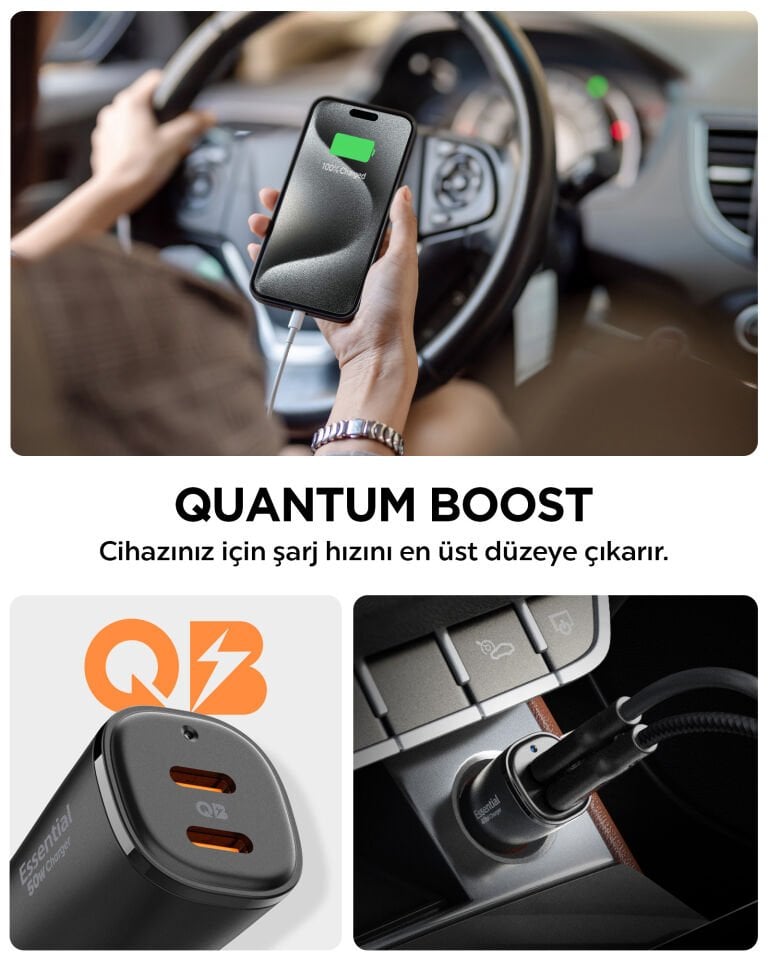 Spigen 50W USB-C 2 Port Araç içi Hızlı Şarj Aleti Samsung PPS Destekli Akım Korumalı Güç Adaptörü Çakmaklık iPhone & Android & iPad & MacBook Type-C PD 3.0 30W + 20W EV502 Black