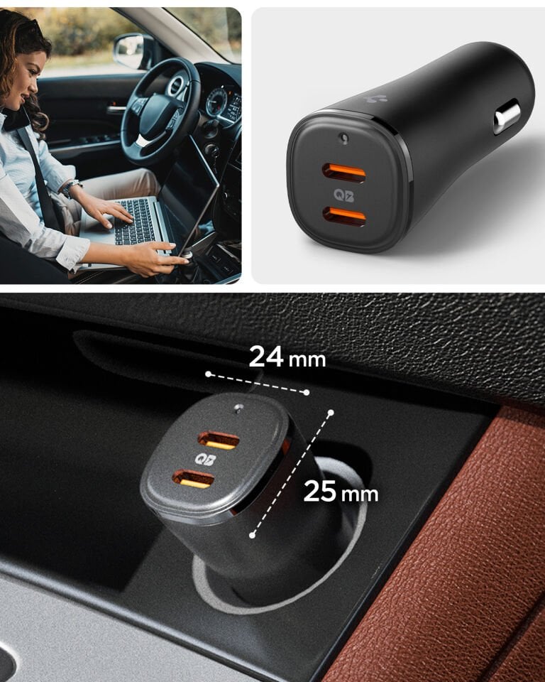 Spigen 50W USB-C 2 Port Araç içi Hızlı Şarj Aleti Samsung PPS Destekli Akım Korumalı Güç Adaptörü Çakmaklık iPhone & Android & iPad & MacBook Type-C PD 3.0 30W + 20W EV502 Black